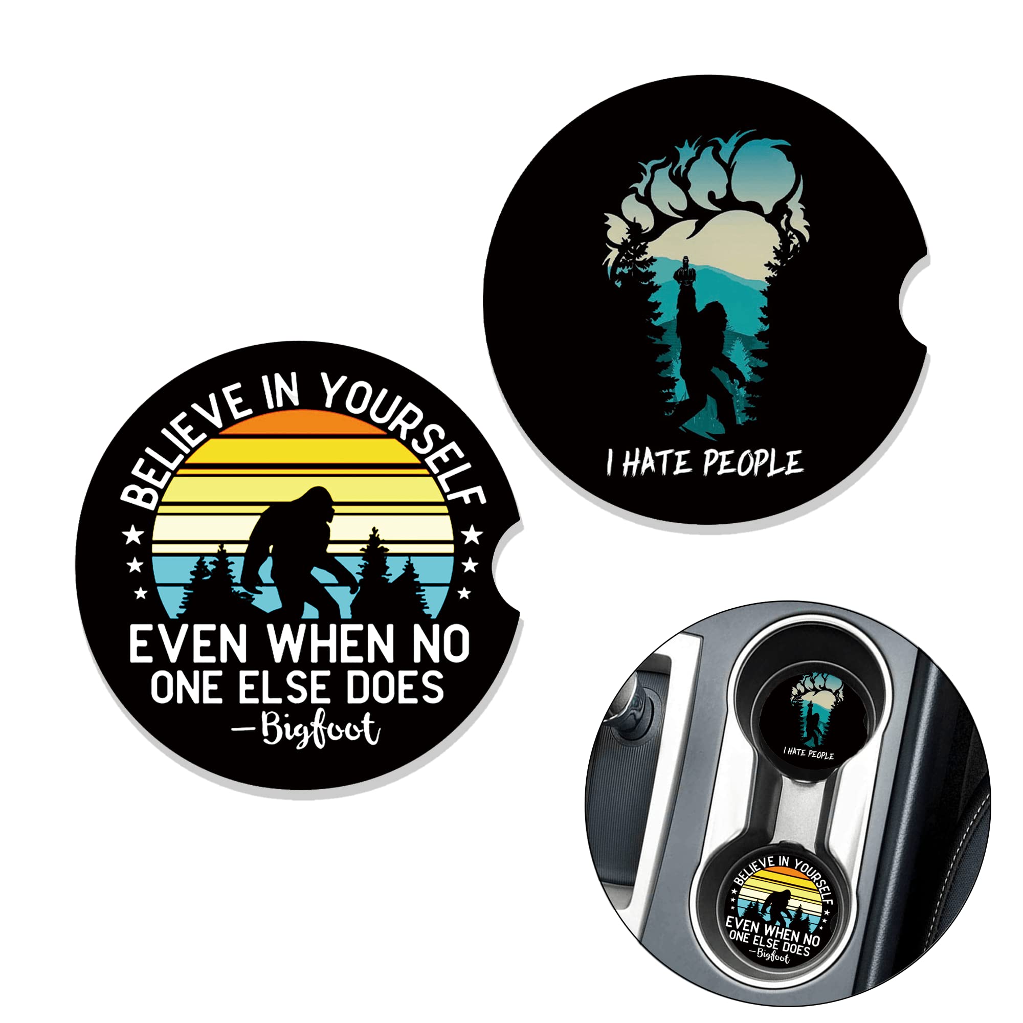 2 Pack Bigfoot Car Coasters for Men - Funny Sasquatch Cup Holder Drink Mats, Durable Car Accessories, Perfect Gift for Men, Friends, Colleagues - Ideal for Road Trips, Camping, and Outdoor Adventures