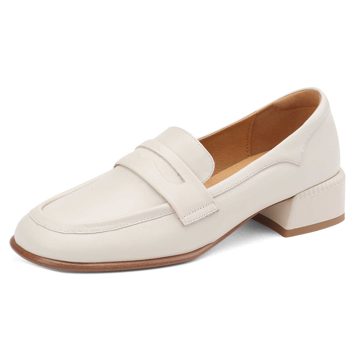 PARARICA Women's Leather Penny Loafers - Slip On Square Toe Mid Chunky Heel Casual Shoes for Work, Office & Everyday Wear