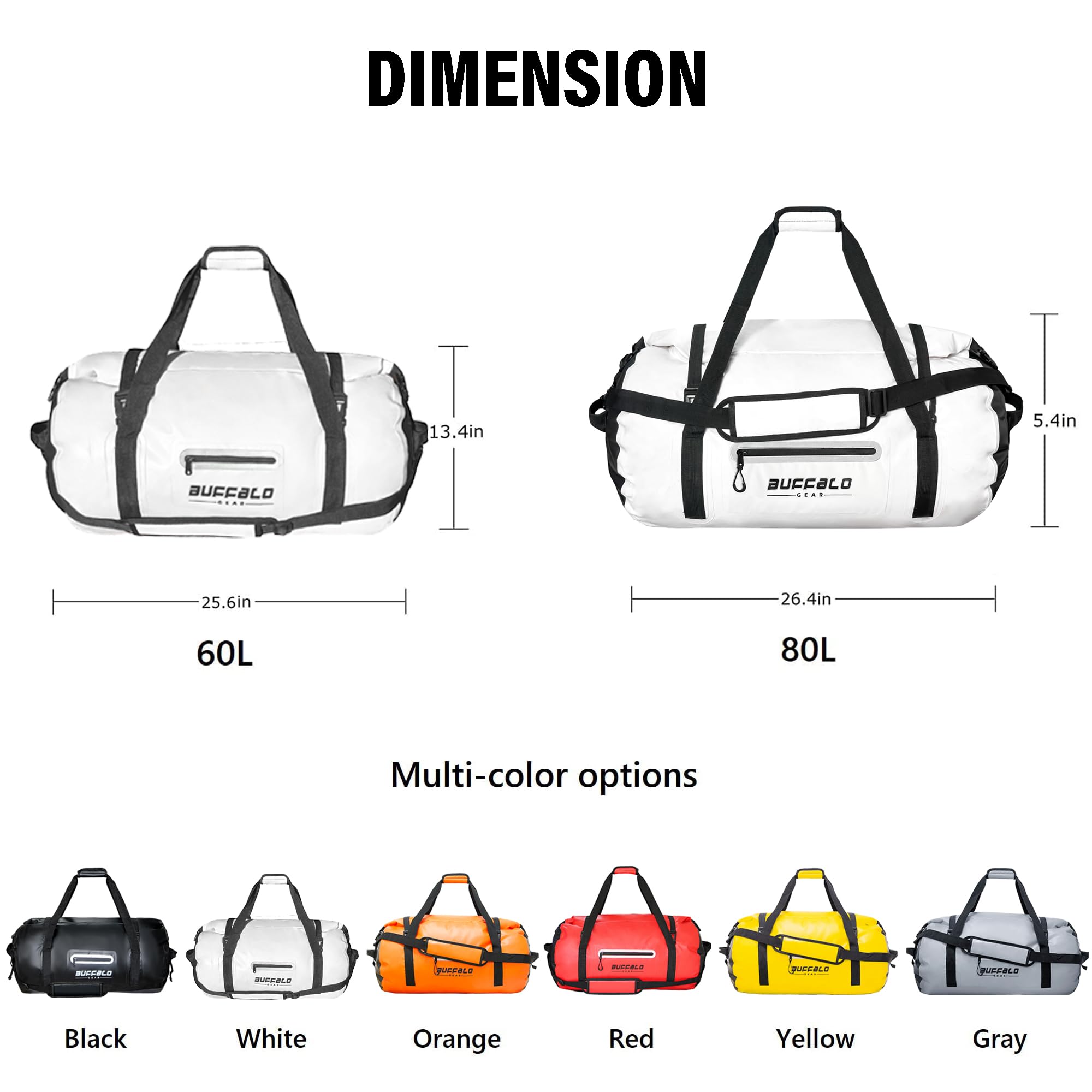 Buffalo Gear Waterproof Duffle Bag 40L 60L 80L - Heavy Duty Roll-top Dry Bag for Travel, Kayaking, Rafting, Boating, Fishing & Camping - Ideal for Outdoor Adventures and Water Sports