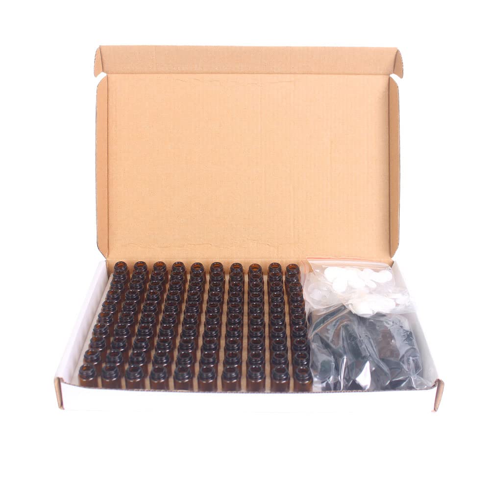 EXCLUZO 100pcs 1ml Amber Glass Bottles with Black Caps - Essential Oil Sample Bottles, Refillable EMP Bottles for Perfume, Aromatherapy & DIY Blends | Perfect for Travel, Gifts & Home Use