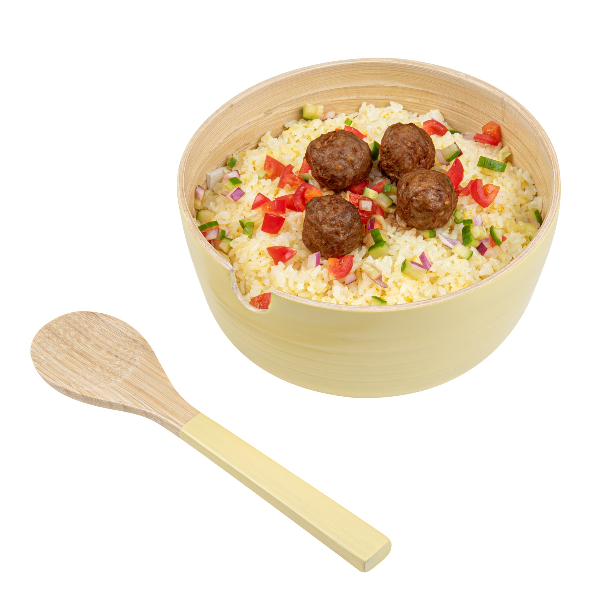 Bambuddha 25 oz Round Cream Spun Bamboo Serving Bowl with Spoon - Set of 10 (7.75