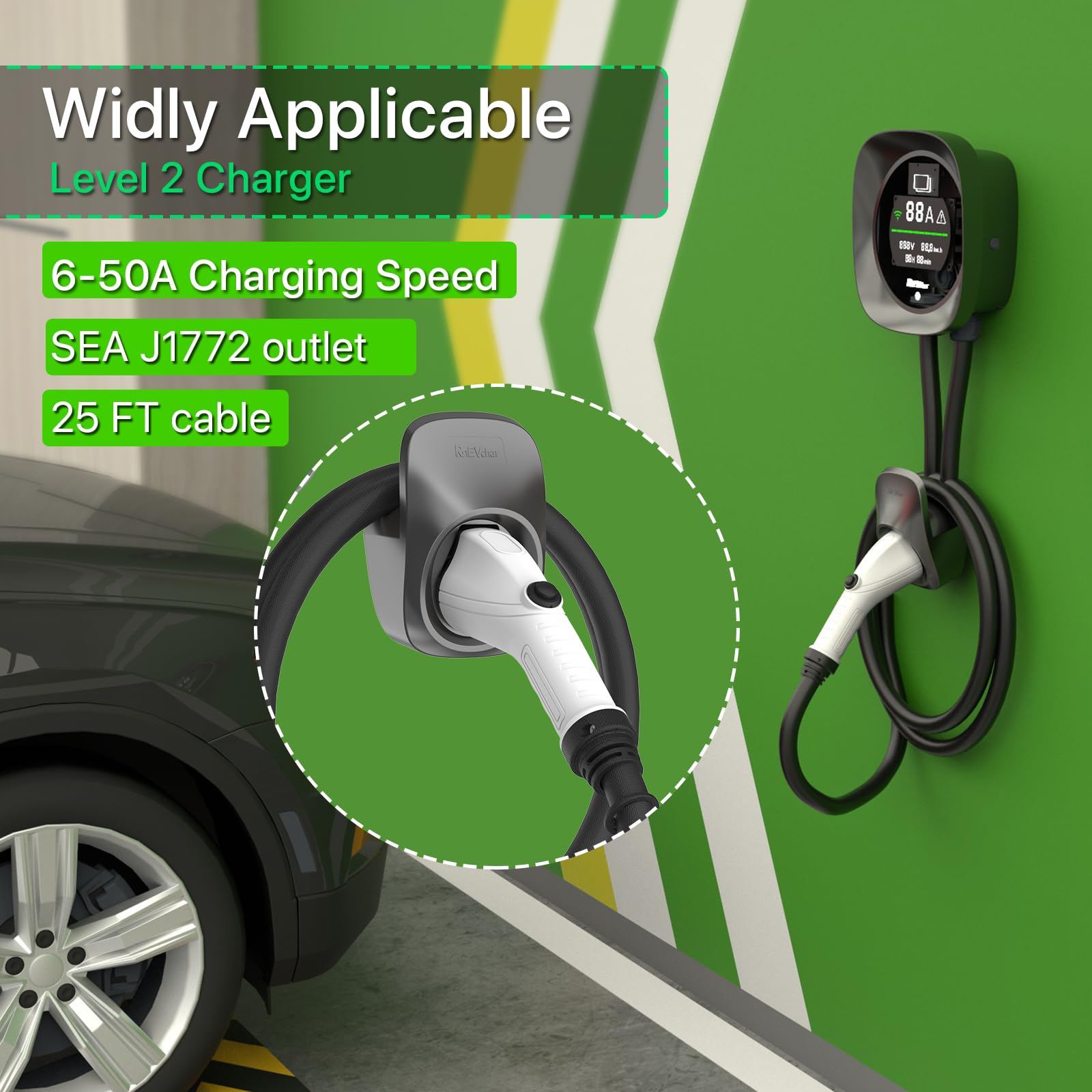 Smart WiFi Level 2 EV Charger 50 Amp - 240V J1772 Home Electric Vehicle Charging Station with App Control (NEMA 14-50 Plug/Hardwire) - Perfect for Home & Garage Charging