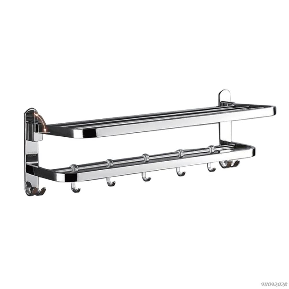 Stainless Steel Wall Mounted Foldable Towel Rack - No Drill Bathroom Storage Shelf with 4 Sliding Hooks (50cm) - Perfect for Small Bathrooms, Showers & Laundry Rooms