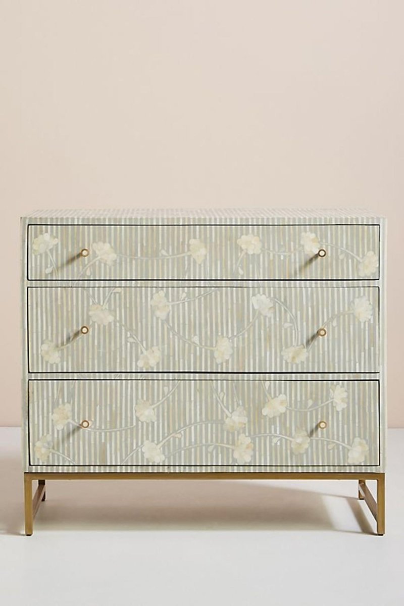 Handmade Bone Inlay Floral Design Gray 3-Drawer Dresser - Perfect for Bedroom, Living Room & Boho Home Decor
