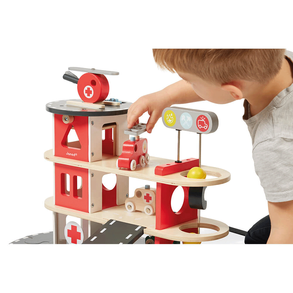 Janod Bolid Fire Station Toy - Wooden Fire Truck Playset for Kids, Pretend Play & Imaginative Learning - Perfect for Preschoolers & Toddlers (Indoor Play, Birthday Gifts, Daycare Activities)