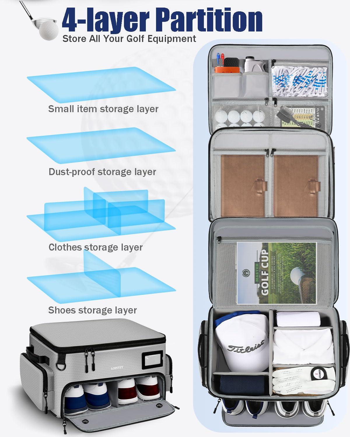 Waterproof Golf Trunk Organizer with Ventilated Shoe Compartment - Storage for Golf Balls, Tees, Hats, Clothes & Accessories - Perfect Golf Gift for Men & Women - Ideal for Car Storage & Golf Course Trips