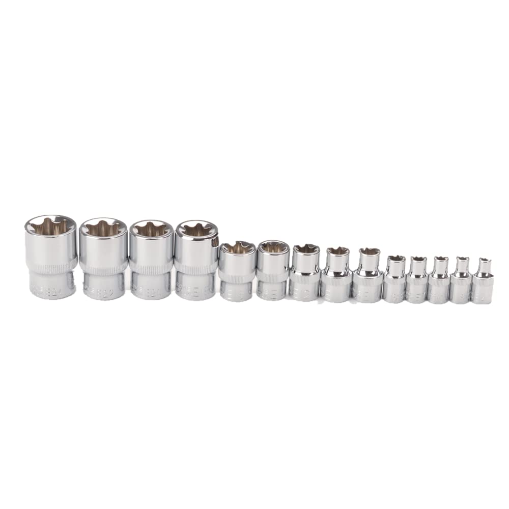 FLZOSPER 14-Piece Female E-Torx Star Socket Set - E4 to E24 Torque Sockets, 1/4