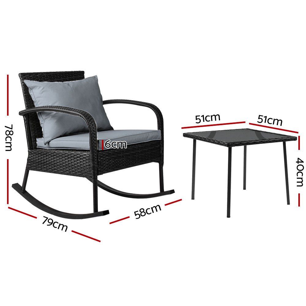 3-Piece Wicker Rocking Chair Patio Set with Table - Black Outdoor Furniture for Garden, Porch, and Backyard Relaxation