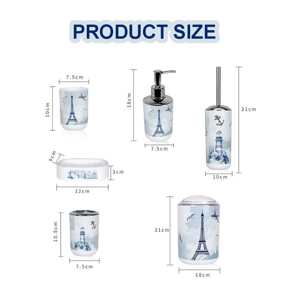 6-Piece Luxury Lighthouse Bathroom Accessory Set - Plastic Soap Dish, Toothbrush Holder, Tooth Mug, Lotion Bottles, Toilet Brush & Trash Bin for Modern Bathrooms | Spa-Inspired Home Decor & Guest Bath Essentials