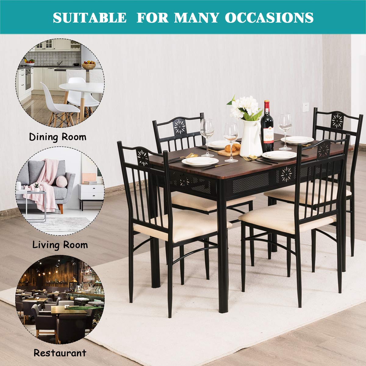 Tangkula 5-Piece Vintage Dining Set - Retro Wood Table with Metal Frame & Padded Chairs - Kitchen & Dining Room Furniture for Small Spaces, Apartments, Breakfast Nooks & Cozy Family Meals