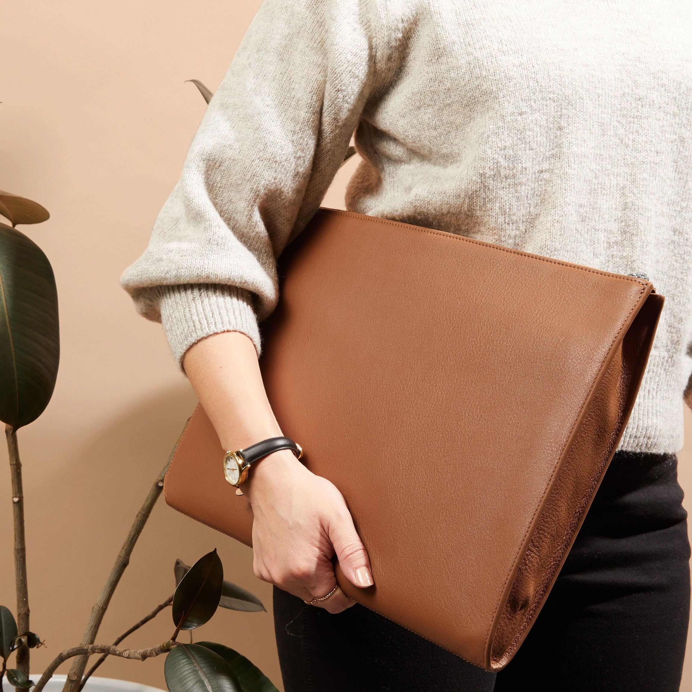 Premium Cognac Leather Zippered Document Holder with Interior Pocket for Tablet - Perfect for Business, Travel & Office Organization