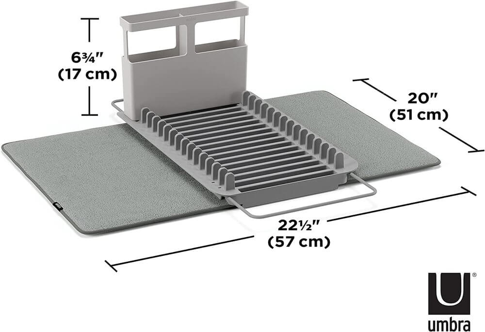 Umbra Udry Over Sink Dish Rack with Microfiber Drying Mat - Space Saving Kitchen Organizer for Small Spaces, Dish Drainer & Drying Rack for Countertop - Perfect for Apartments, RVs & Compact Kitchens (Grey)