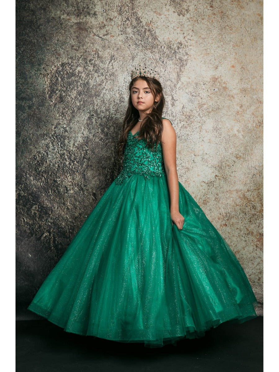 Emerald Green Embroidered Glitter Tulle Gown for Big Girls (Sizes 8-16) - Perfect for Prom, Quinceañera & Special Occasions
