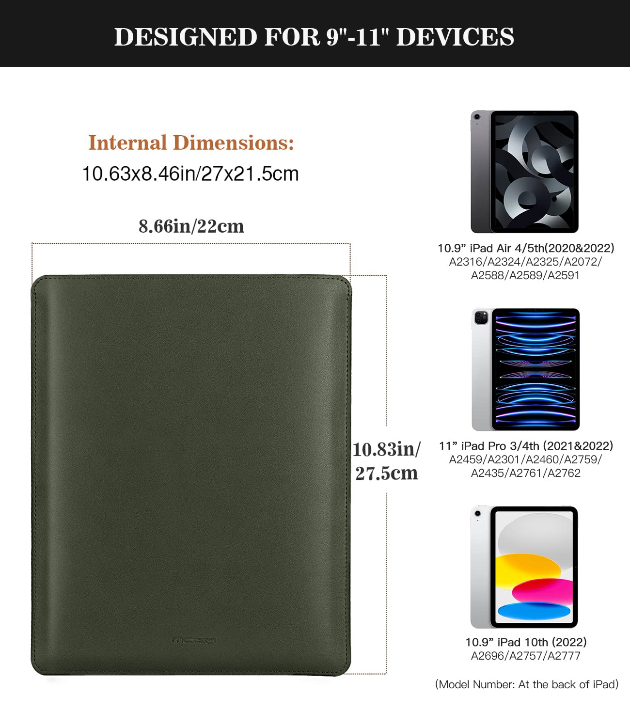 MoKo 9-11 Inch Tablet Sleeve - Premium PU Leather Slim Protective Case for iPad Pro M4 (2024), iPad Air M2 (2024), iPad 10/9/8th Gen, Samsung Tab S8/S9 11