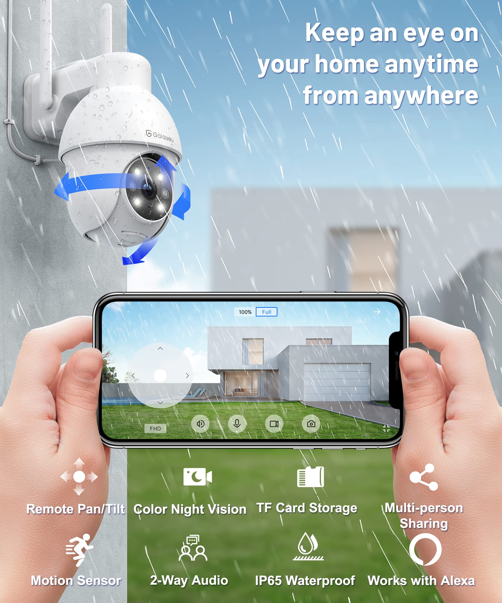 GALAYOU 2K Outdoor Security Camera with PTZ, 360° Waterproof WiFi IP Camera, Color Night Vision, Two-Way Audio, Motion Alerts, Alexa & TF Card Support - Perfect for Home, Garage & Business Surveillance