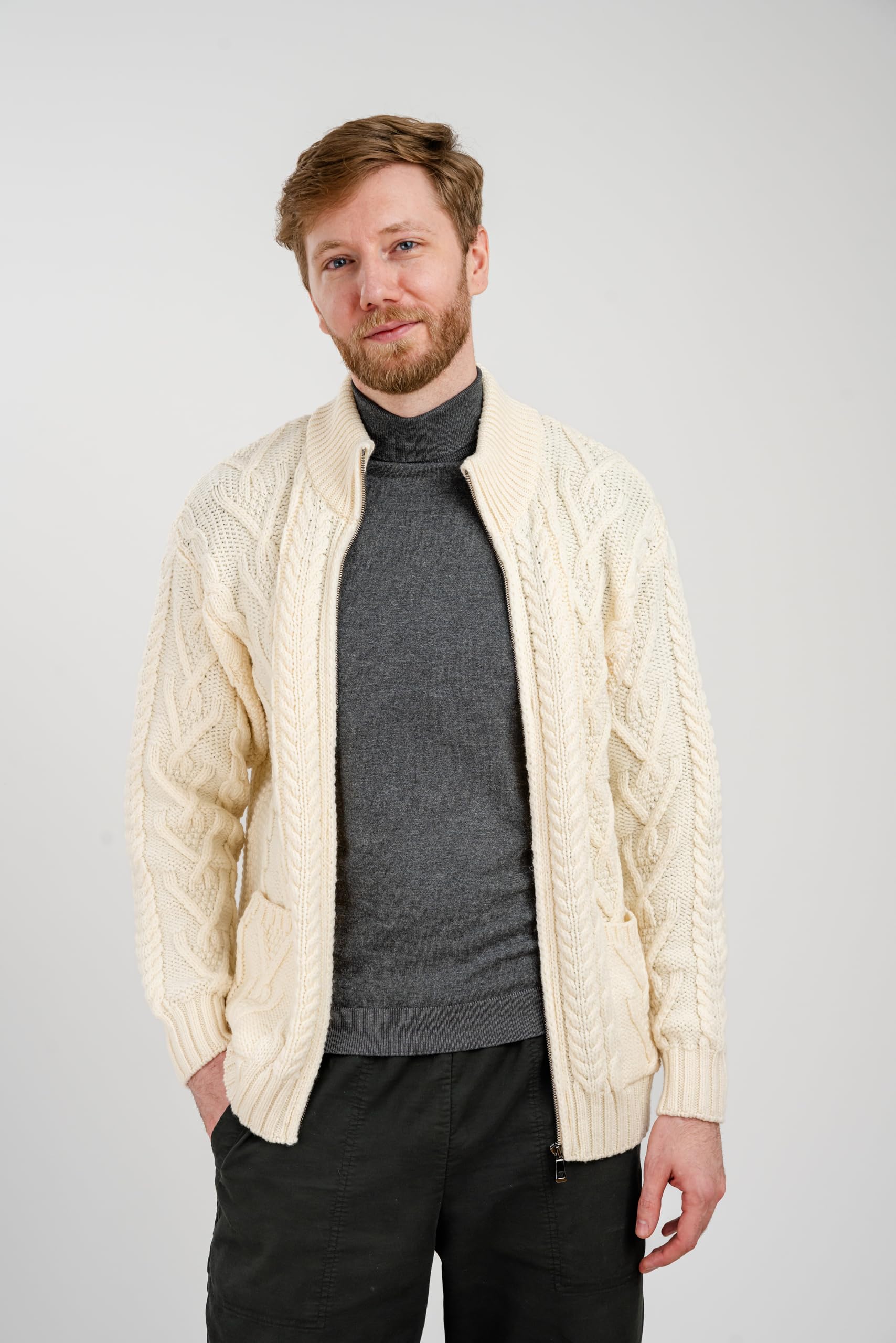 100% Merino Wool Men's Winter Warm Cable Knit Cardigan Sweater with Zipper & Pockets - Charcoal & Army Green | Cozy Fall & Winter Layering for Outdoor Activities & Casual Wear