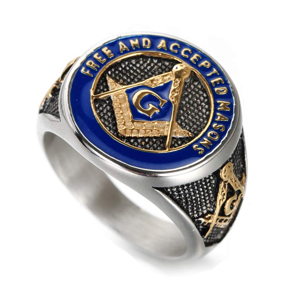 **Men's Masonic Ring - Stainless Steel Freemason Symbol Signet Ring in Silver, Gold & Blue - Free and Accepted Masons Jewelry for Gifts & Brotherhood Ceremonies**