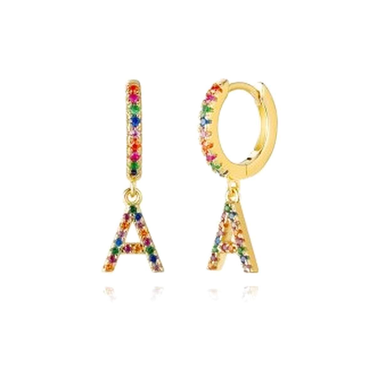 Gold Rainbow Hoop Dangling Letter Initial Earrings for Women & Girls - Small Diamond Huggie Hoop Earrings with Pave Setting & Real Diamonds - Perfect Jewelry Gifts for Birthdays, Anniversaries & Special Occasions
