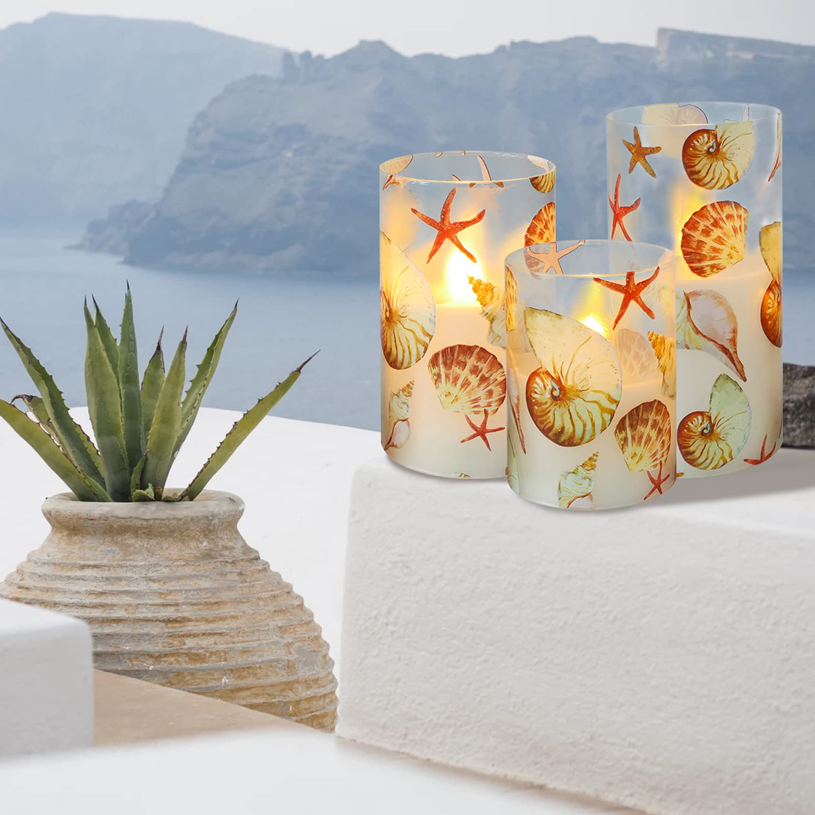 Remote Control LED Battery Operated Candles Set of 3 - Real Wax Ocean Decor with Shell & Starfish for Fireplace, Christmas, Bedroom, Nautical Theme Party & Home Decor | Flameless Safe Lighting for Romantic Ambiance