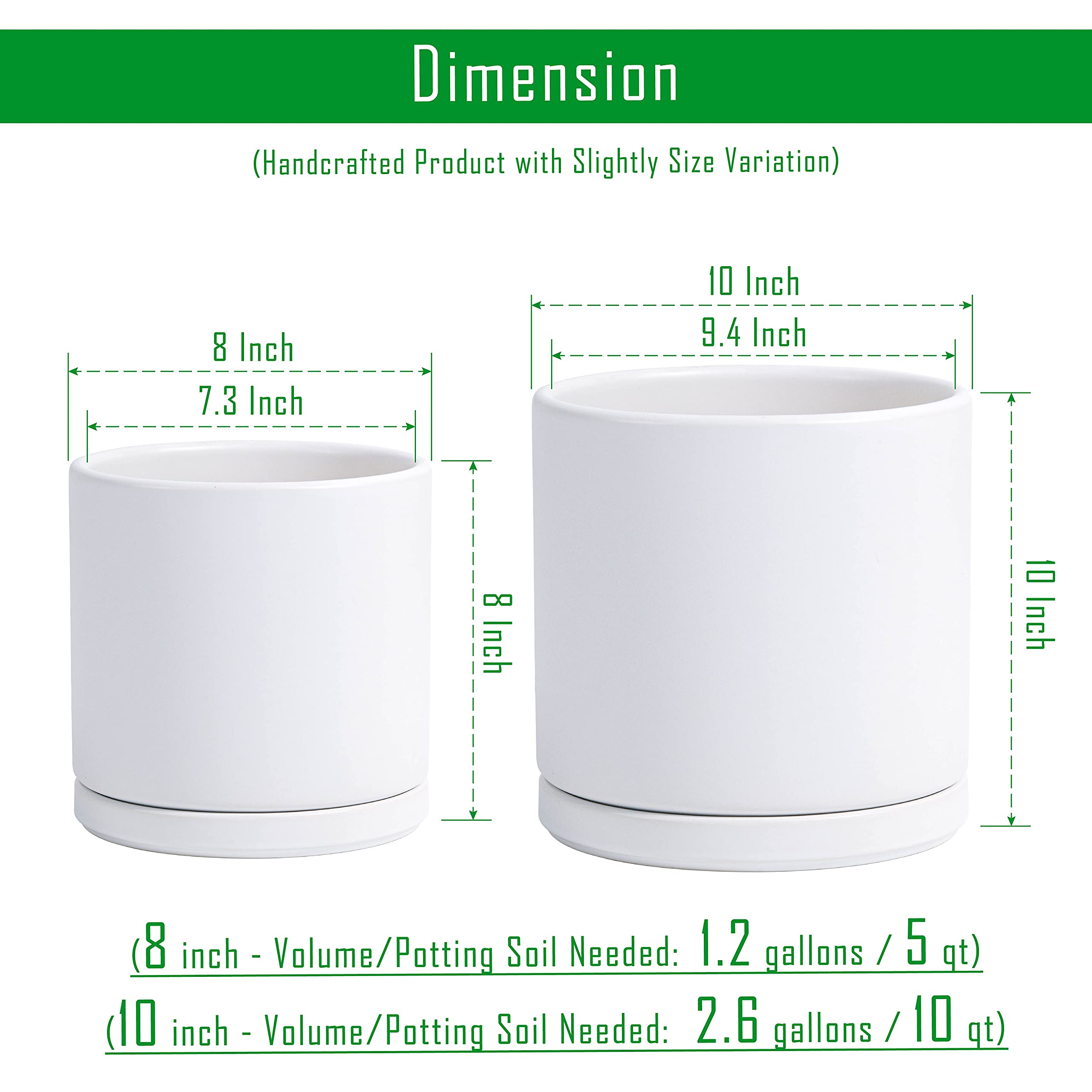 8 & 10 Inch White Ceramic Plant Pots with Drainage Hole & Saucer - Large Flower Planters for Indoor Outdoor Home Garden Decor - D'vine Dev Set of 2 (94-G-L-1)