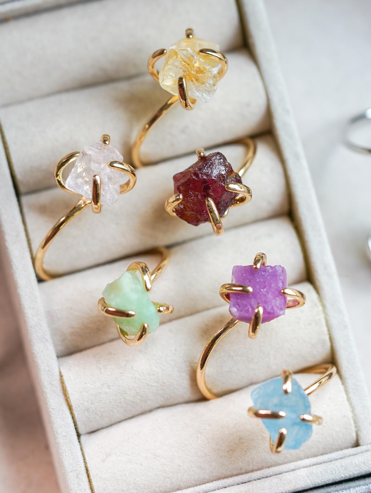 Personalized Gemstone Stacking Rings for Women | Raw Crystal & Gold Plated Adjustable Rings | Unique Customizable Jewelry Gift for Her (Silver-Plated) - Perfect for Everyday Wear, Special Occasions & Boho Fashion