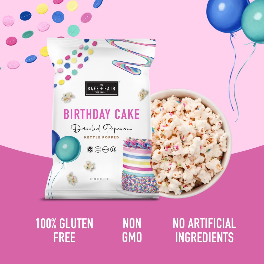 Safe + Fair Birthday Cake Drizzled Popcorn - Gluten-Free, Dairy-Free Vegan Snack - Non-GMO, Plant-Based Kettle Popped Corn (5.5 oz) - Free From Top 9 Allergens & Artificial Ingredients - Perfect for Birthday Parties, Movie Nights & Healthy Snacking
