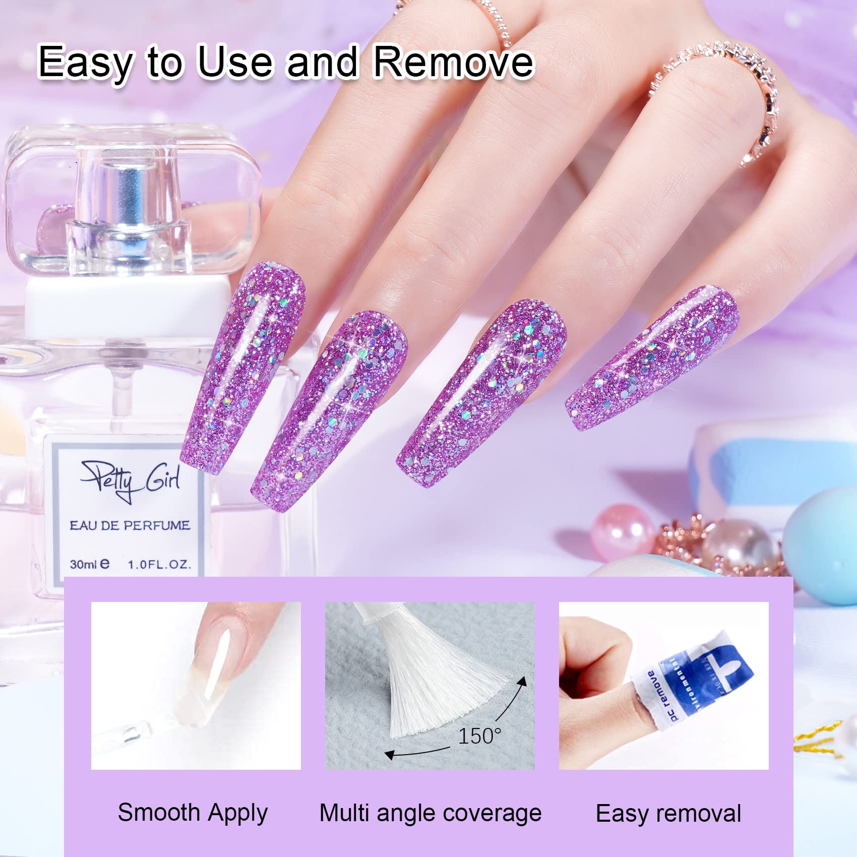 Wakaniya Dip Powder Nail Kit - 8 Colors Glitter Purple Galaxy Nail Powder Set with Base & Top Coat, Nail Remover Pads | Complete Starter Kit for Beginners | Perfect for Home Manicures, Salon-Quality Nails & DIY Nail Art