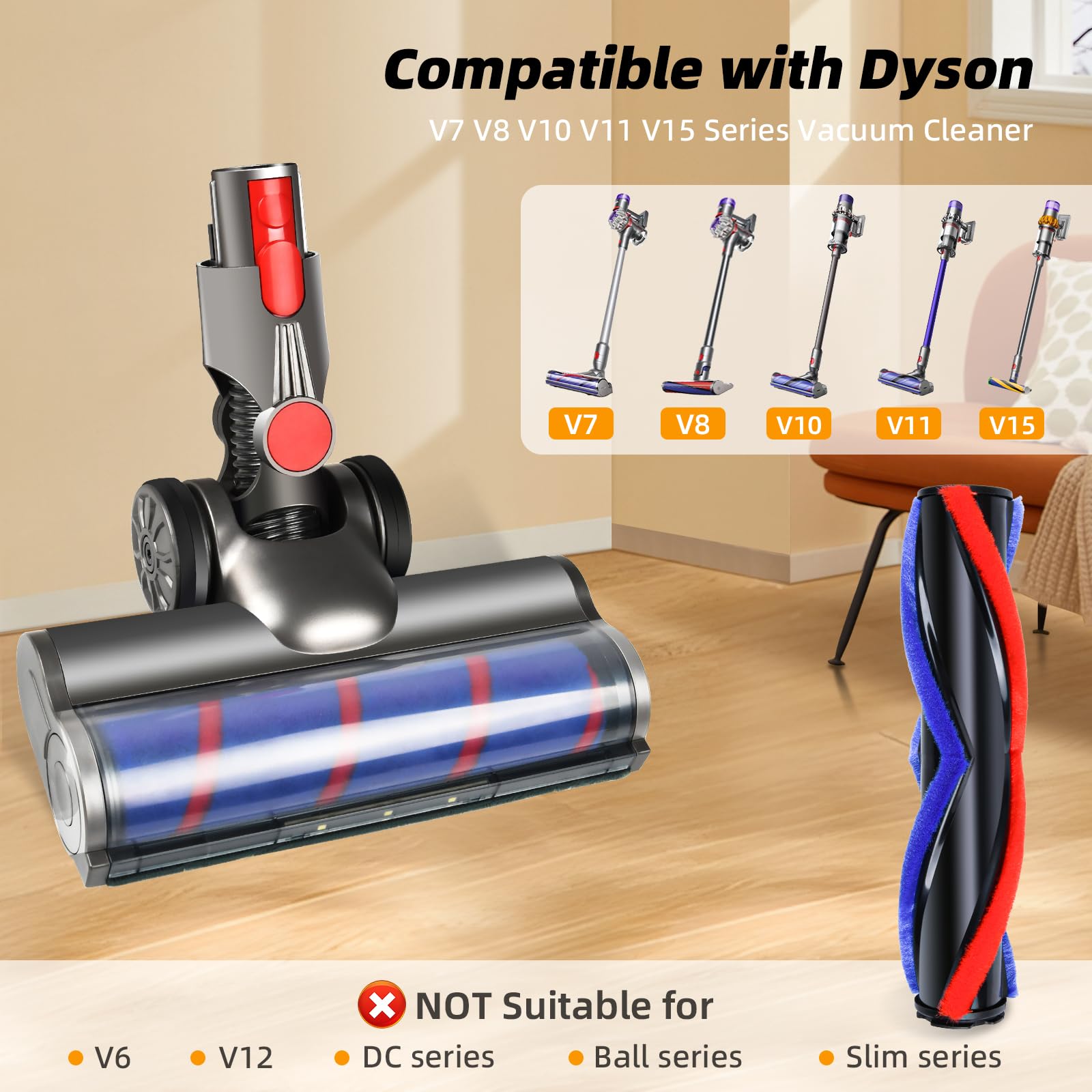 Dyson V7 V8 V10 V11 V15 Vacuum Brush Attachments - Soft Roller & V Shape Brush for Floors & Carpets - Home Cleaning Essentials