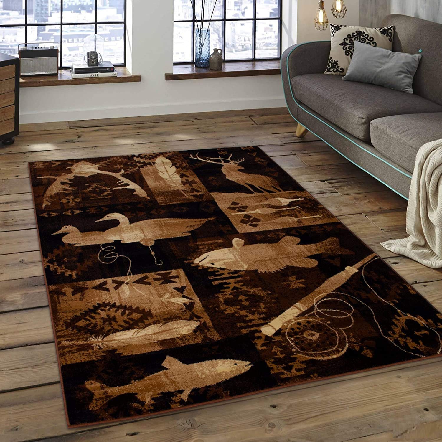 Premium Ducks Deer Elk Fish Hunting Lodge Cabin Area Rug - 7'8