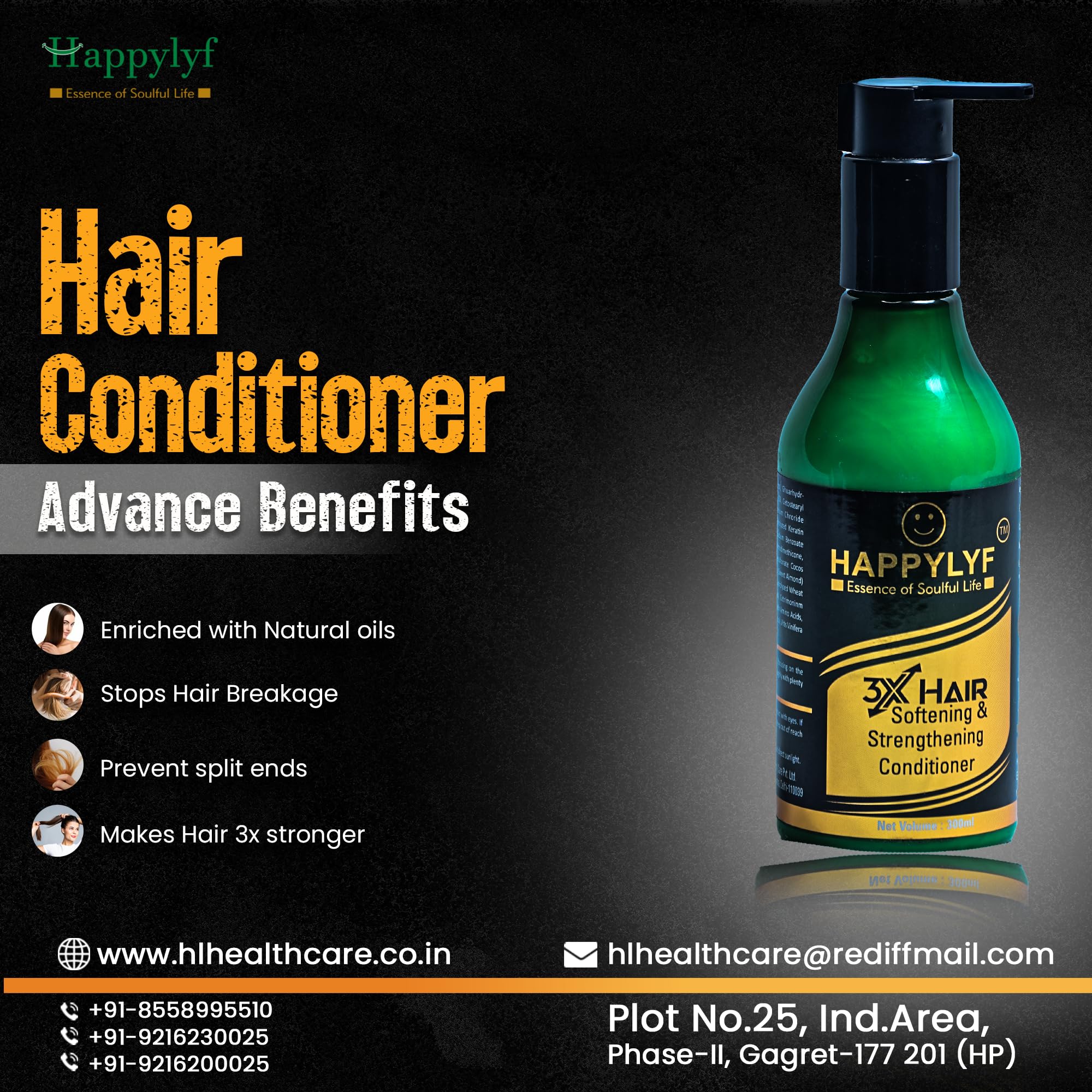 HappyLyf 3x Hair Conditioner for Damaged Hair - Deep Conditioning Treatment with Softening & Strengthening Formula | 300ml | Ideal for Dry, Frizzy Hair Repair at Home or Salon Use