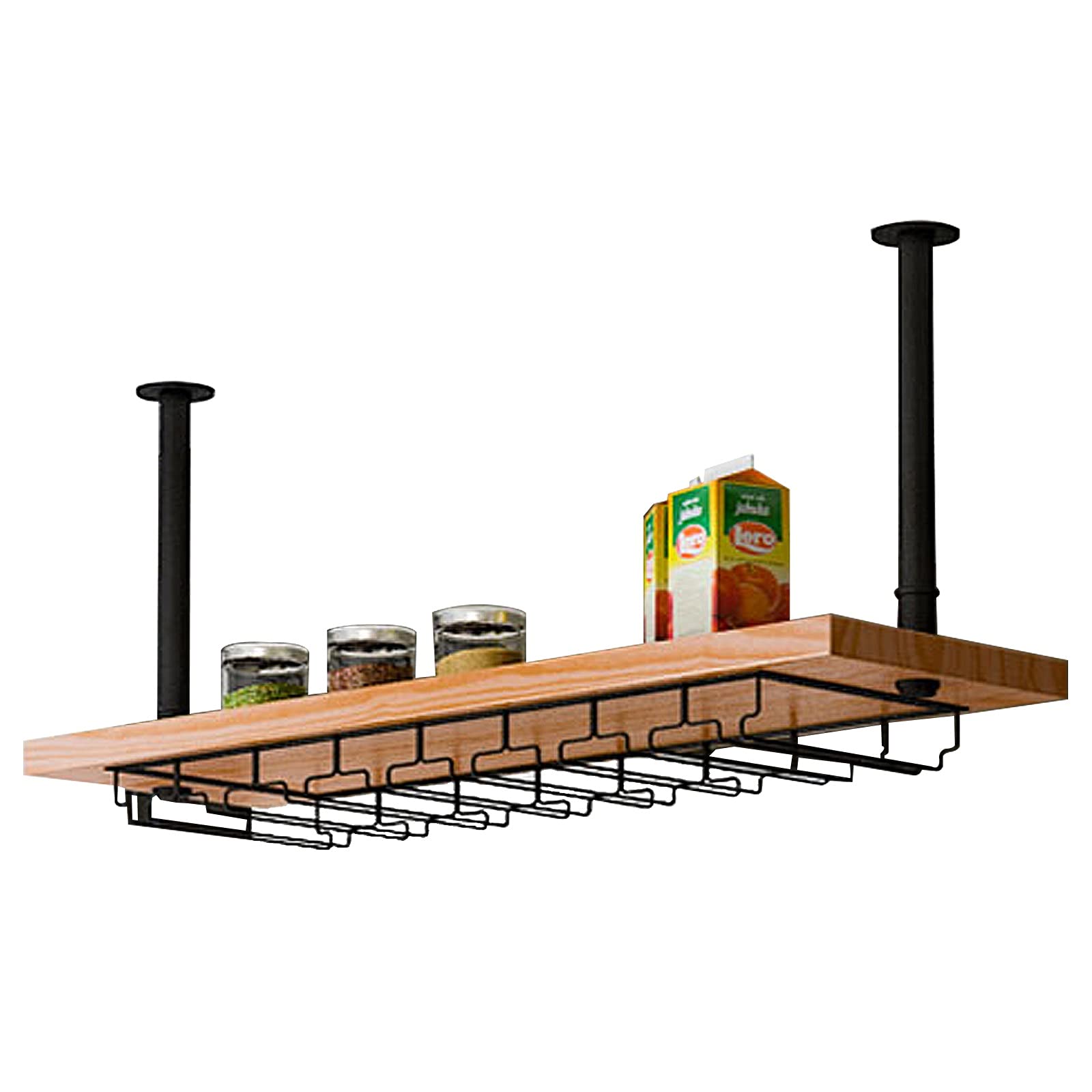 Industrial Ceiling Wine Rack - 1 Tier Floating Shelves Water Pipe Bracket for Kitchen, Bar & Restaurant - 14 Inch High (60x25x35cm) - Perfect for Wine Storage & Display in Commercial Spaces