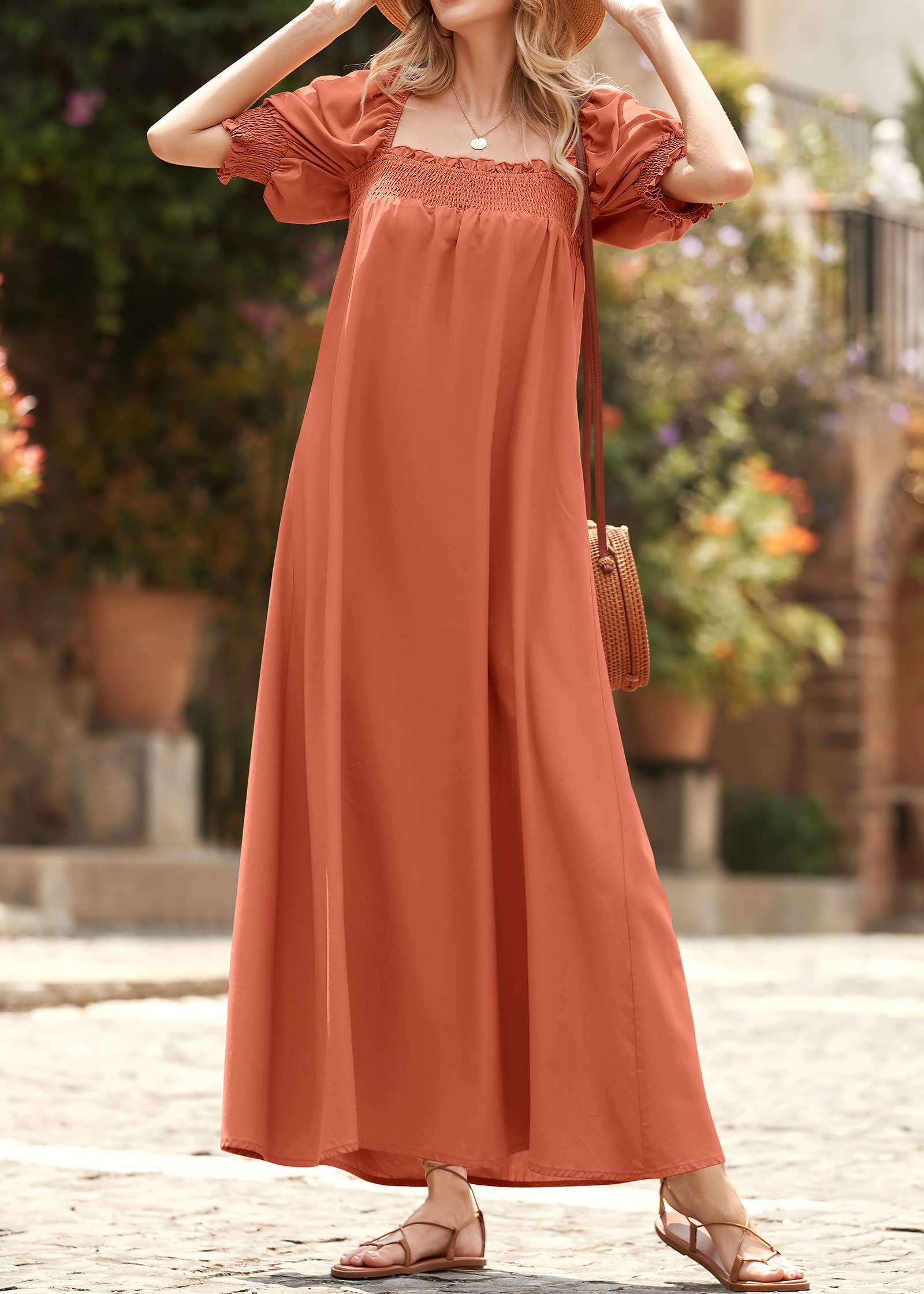 KIRUNDO Women's 2025 Summer Maxi Dress - Casual Loose Puff Sleeve Square Neck Maternity Beach Dress with Pockets | Flowy Long Dress for Pregnancy, Vacation & Outdoor Activities