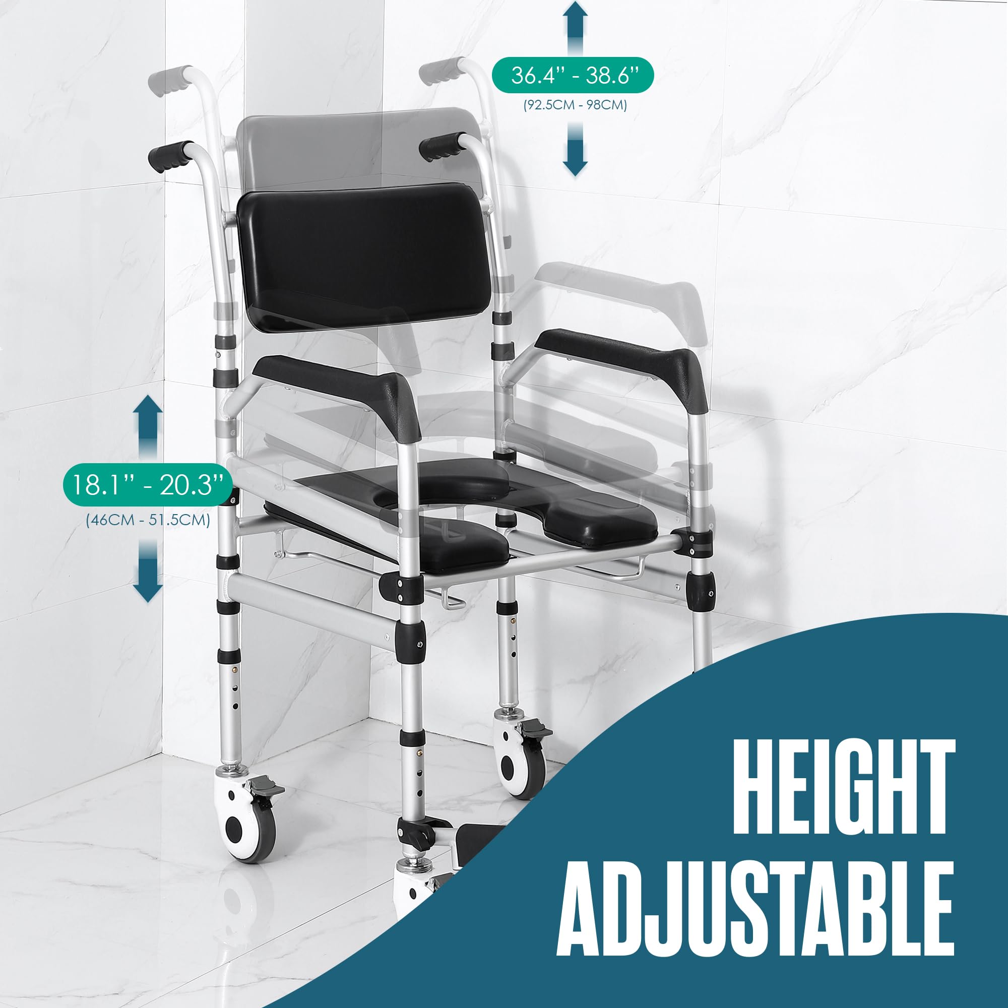 Houseables Adjustable Height Shower Chair with Wheels - Rolling Shower Wheelchair for Elderly & Handicap - Portable Bath Commode Chair for Safe Bathing & Bedside Toilet Use - Ideal for Seniors, Disabled & Post-Surgery Recovery at Home