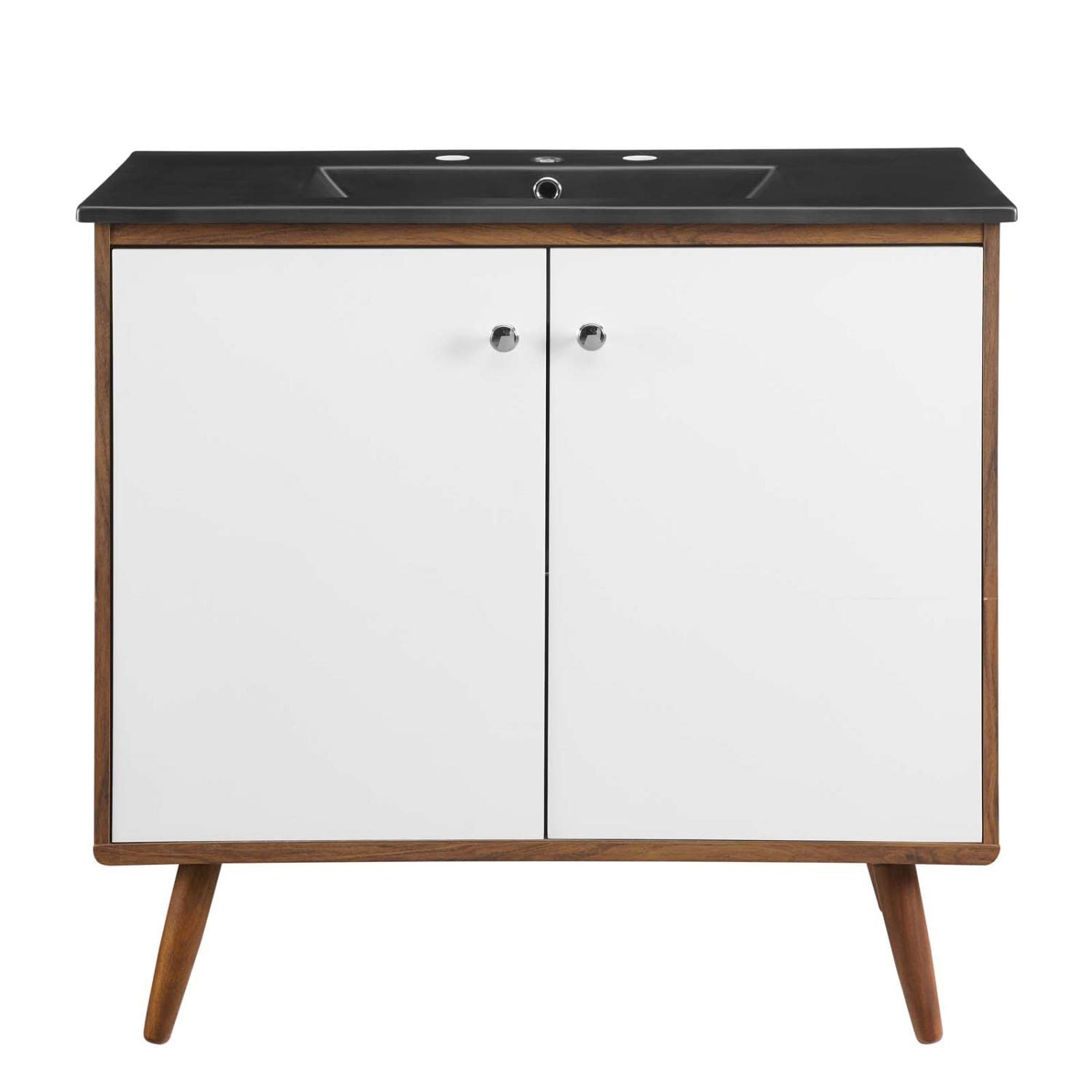 Modway Transmit 36 Inch Walnut Black Bathroom Vanity with Sink - Modern Storage Cabinet for Small Bathrooms, Powder Rooms & Master Baths