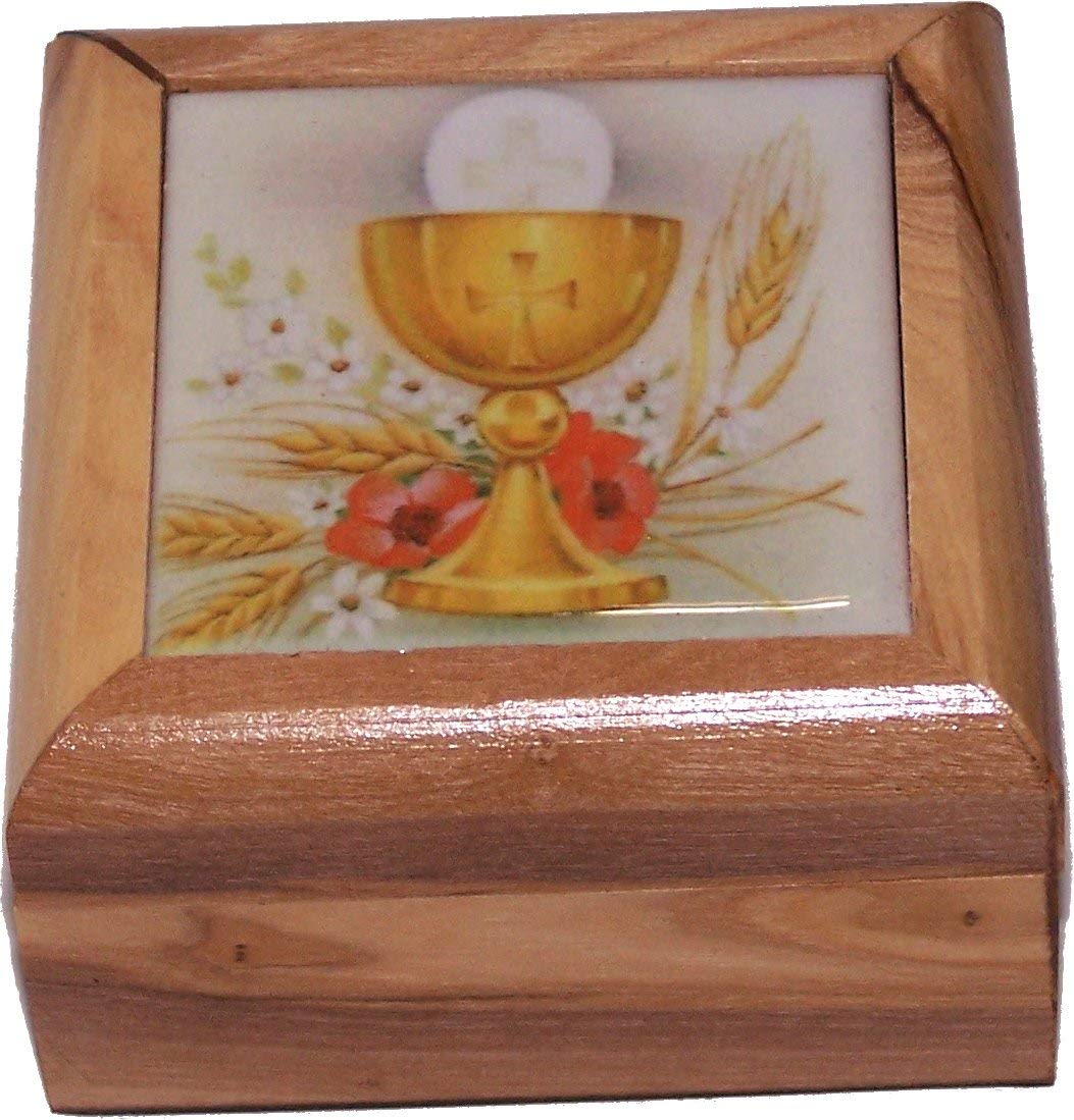 Holy Land Market First Communion Gift Box - Handcrafted Bethlehem Olive Wood Rosary Box with Ceramic Cross - Perfect for First Communion, Baptism, and Religious Gifts