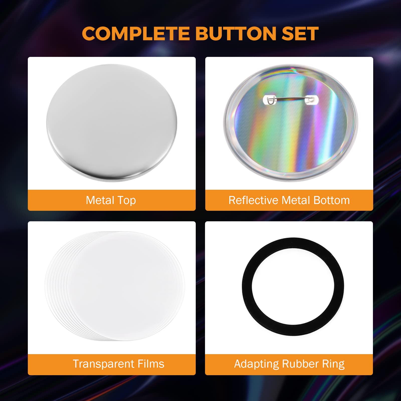 BEAMNOVA 100 Sets of 75mm (2.95 inch) Metal Button Parts Kit - Includes Reflective Back, Metal Top, Metal Clip Bottom & Plastic Film for Button Maker Machine - Perfect for DIY Crafts, Badge Making, and Custom Pins