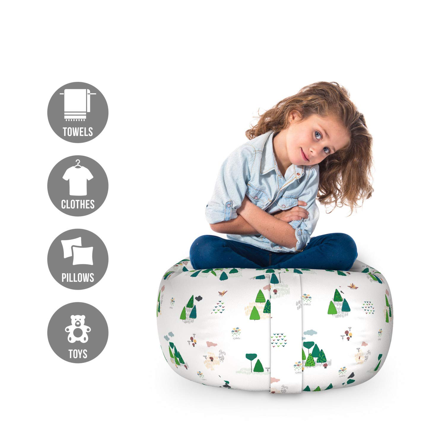 Ambesonne Forest Storage Toy Bag Chair - Scandinavian Inspired Trees, Clouds & Woodland Animals - Washable Stuffed Animal Organizer - Small Size Petrol Blue Green - Perfect for Kids' Room, Nursery & Playroom Organization