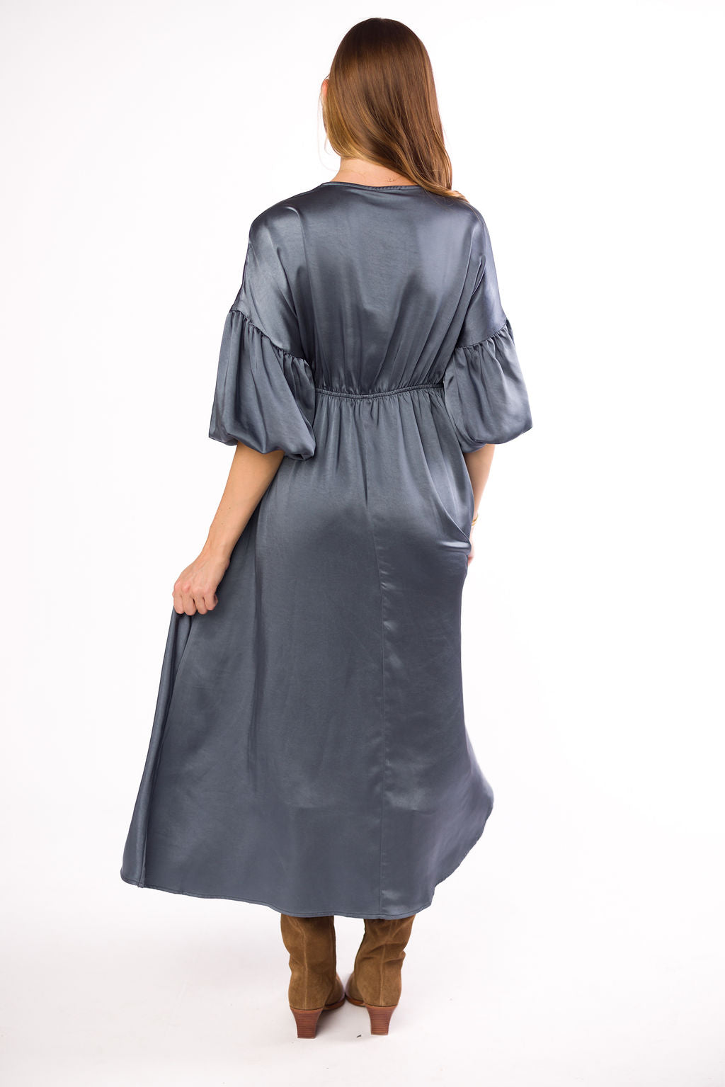 Hunter Premium Satin Midi Dress in Blue Granite - Bump Friendly Maternity Dress for Women | Elegant & Comfortable for Pregnancy, Baby Showers, Weddings & Special Occasions