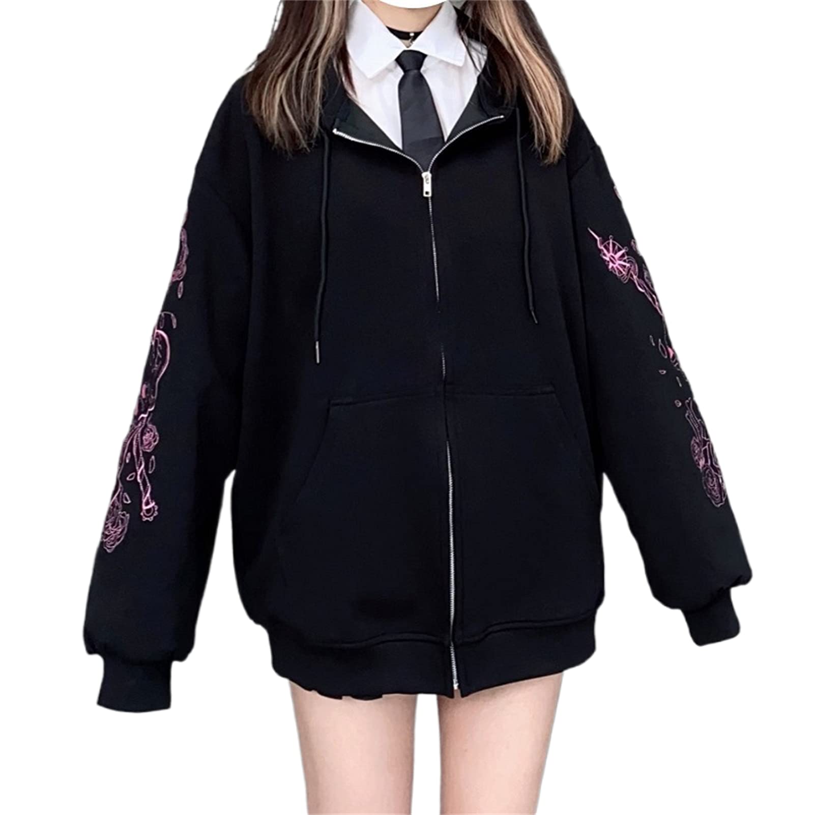 Trendy Y2K Harajuku Style Women's Aesthetic Print Full-Zip Hoodie - Oversized Long Sleeve Open Front Casual Sweatshirt Coat | Perfect for Streetwear, Loungewear & Fashion Outfits