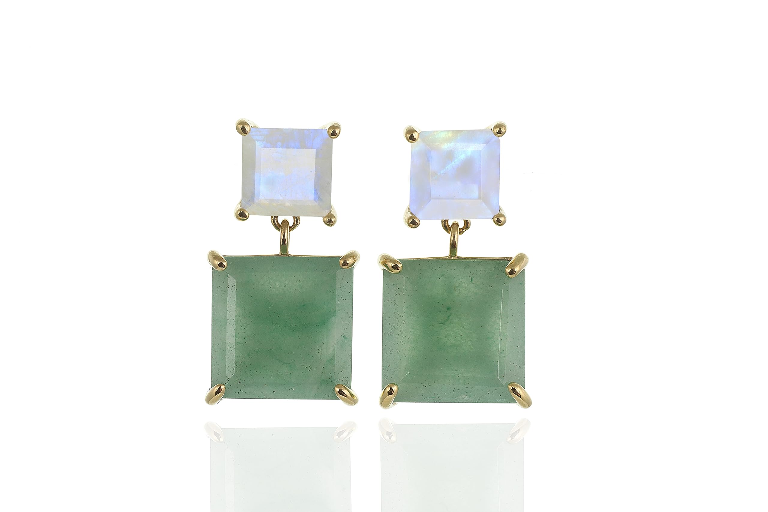 Gold Filled Rainbow Moonstone & Green Aventurine Square Princess Earrings - Prong Dangle Statement Jewelry for Women | Elegant Party, Wedding & Everyday Wear