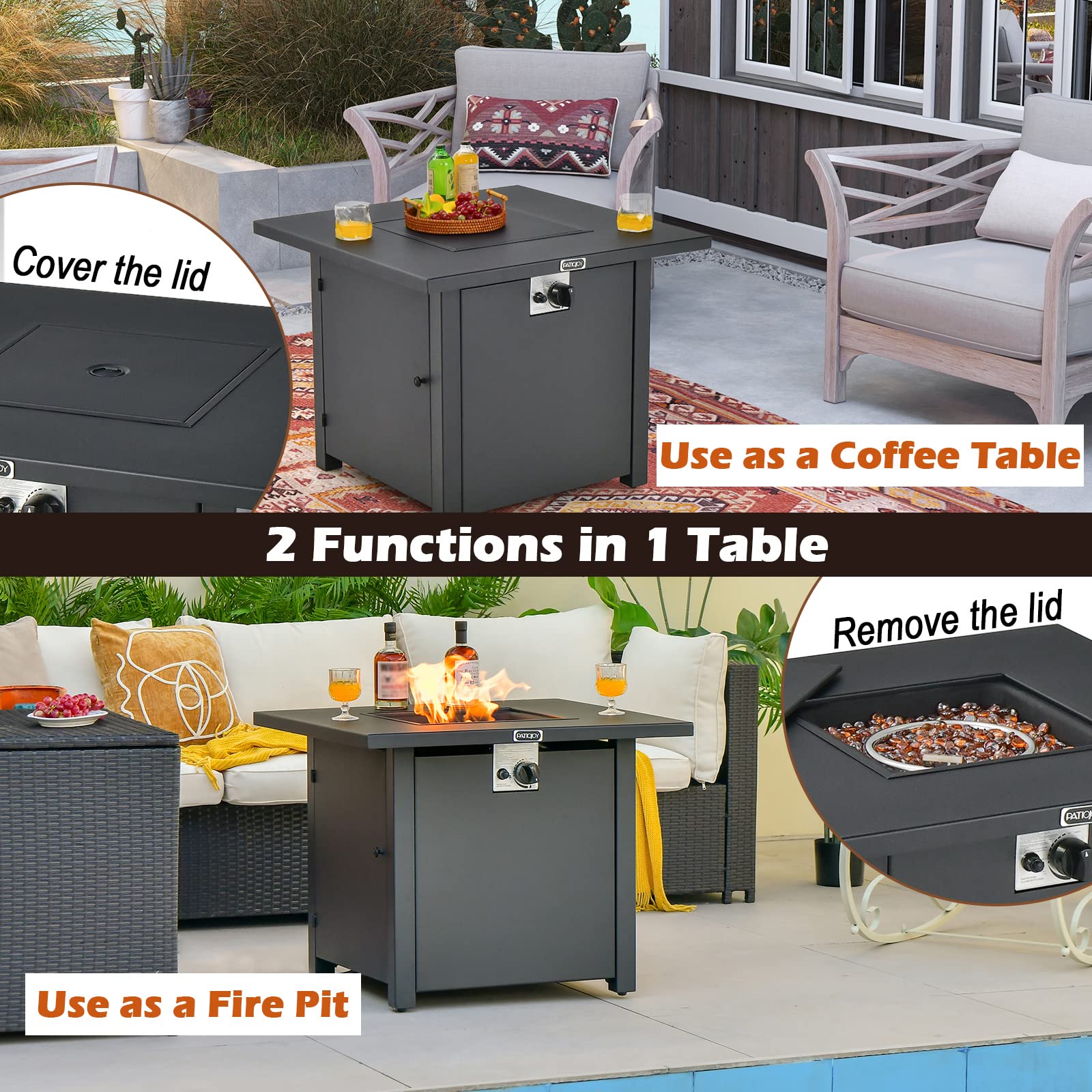 Tangkula 32 Inch Outdoor Propane Fire Pit Table - 50,000 BTU Square Patio Heater with Clear Glass Rocks & PVC Cover, Easy Ignition System - Perfect for Backyard, Poolside, Deck, and Garden Gatherings