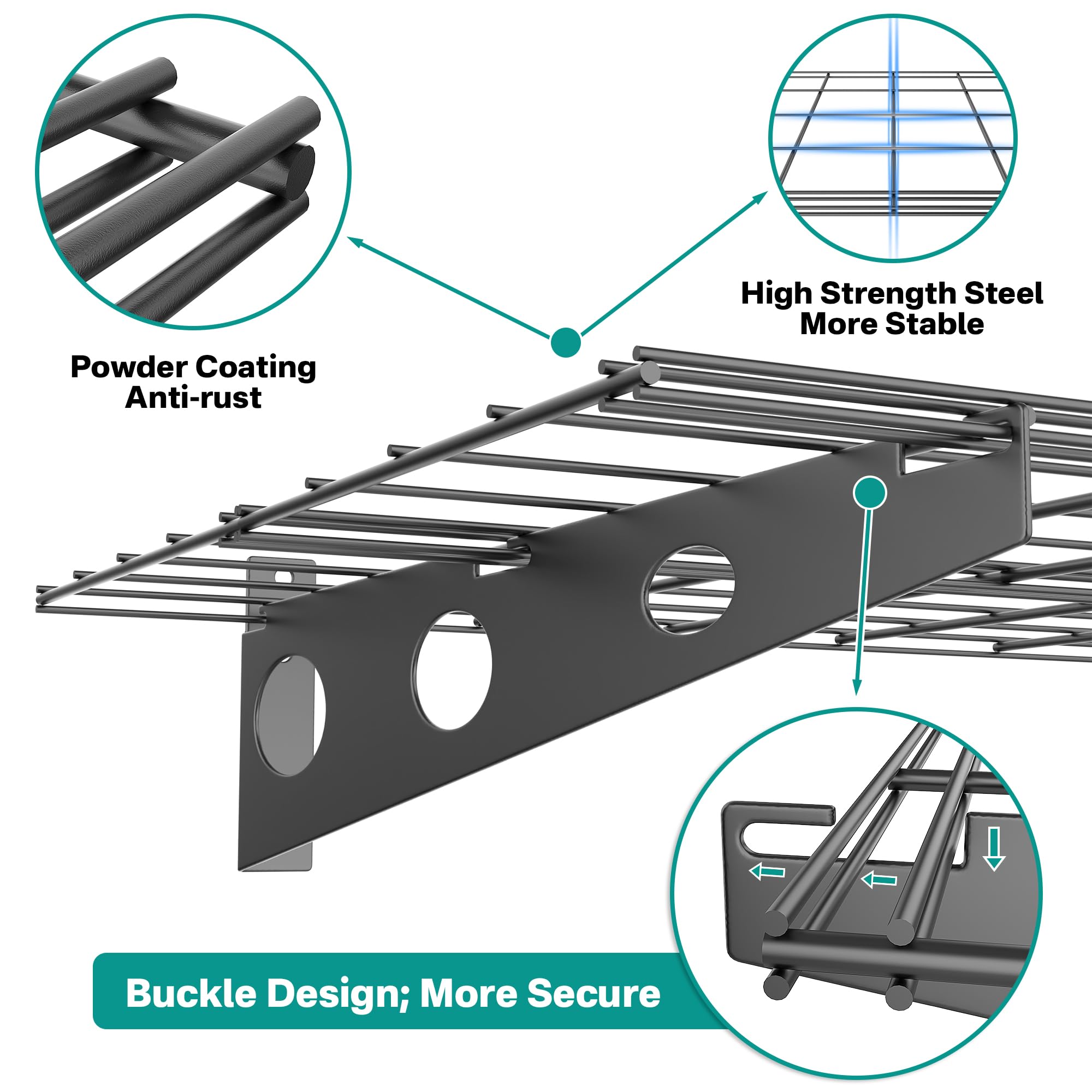 Heavy Duty Wall Mounted Garage Shelves 2x4 FT - Black Metal Storage Shelving with Hooks - 220 LB Capacity - Perfect for Garage Organization, Workshop Storage & Home Utility Shelves