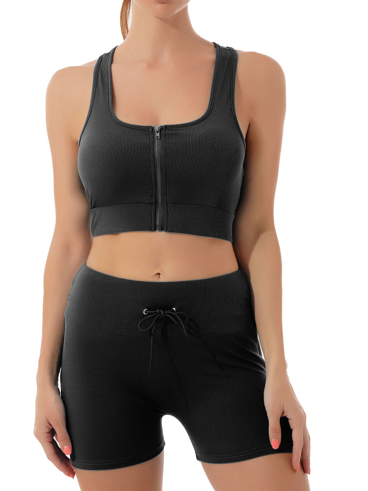FEESHOW Women's 2-Piece Workout Outfit - Ribbed Seamless Gym Set with Zipper Crop Top & High Waist Shorts for Yoga, Running & Fitness Training