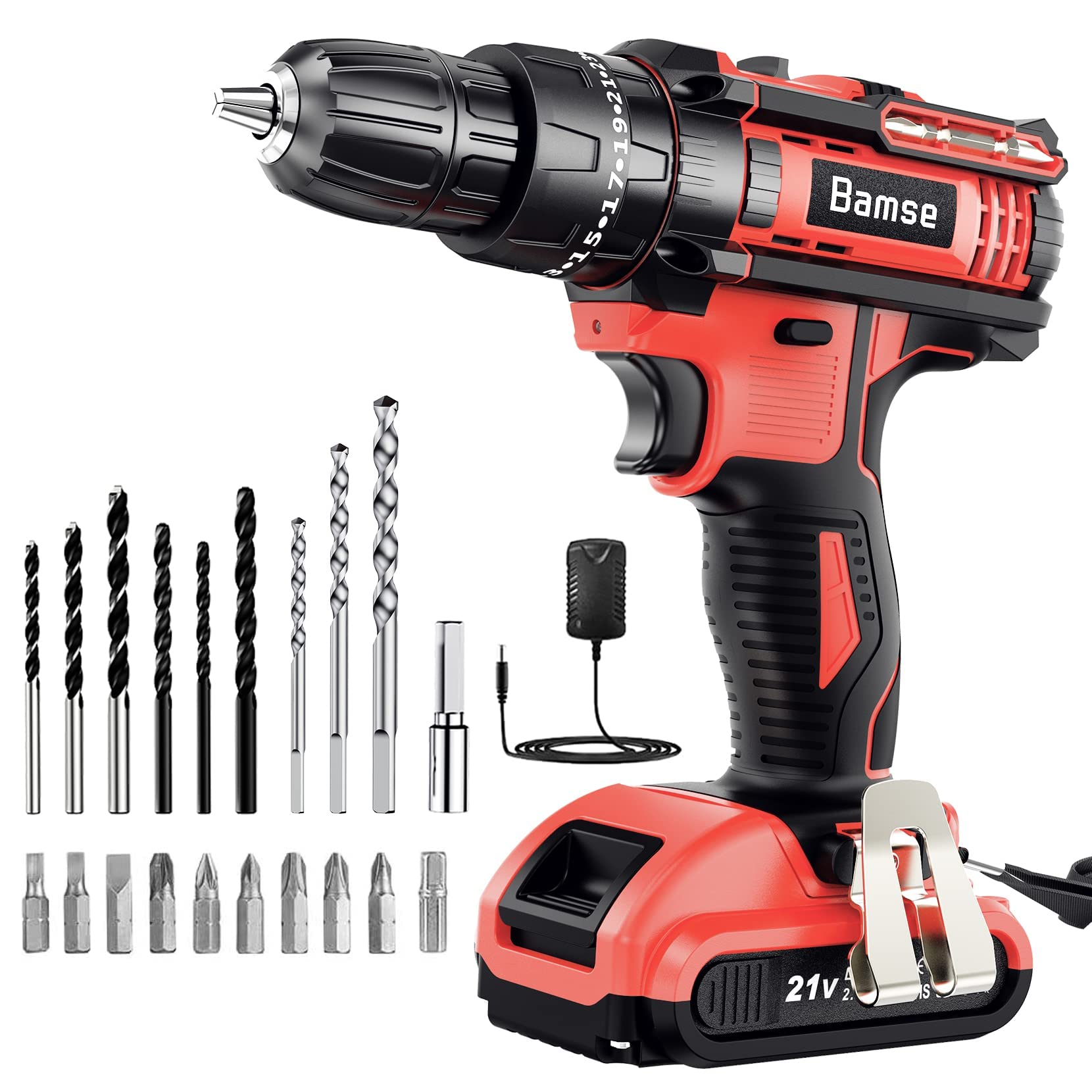**Bamse 21V Cordless Drill Driver Set with 2.0AH Battery - 372 In-lbs Max Torque, 25+3 Position, 2-Speed Hammer Drill, 3/8'' Keyless Chuck, Fast Charger & 23PCS Accessories - Perfect for DIY Projects, Home Repairs, and Woodworking**