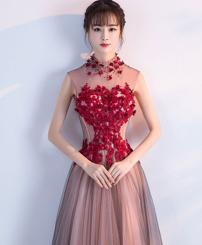 Elegant Burgundy Tulle Lace Long Prom Dress for Women - Formal Evening Gown for Homecoming, Wedding, Ball & Special Occasions