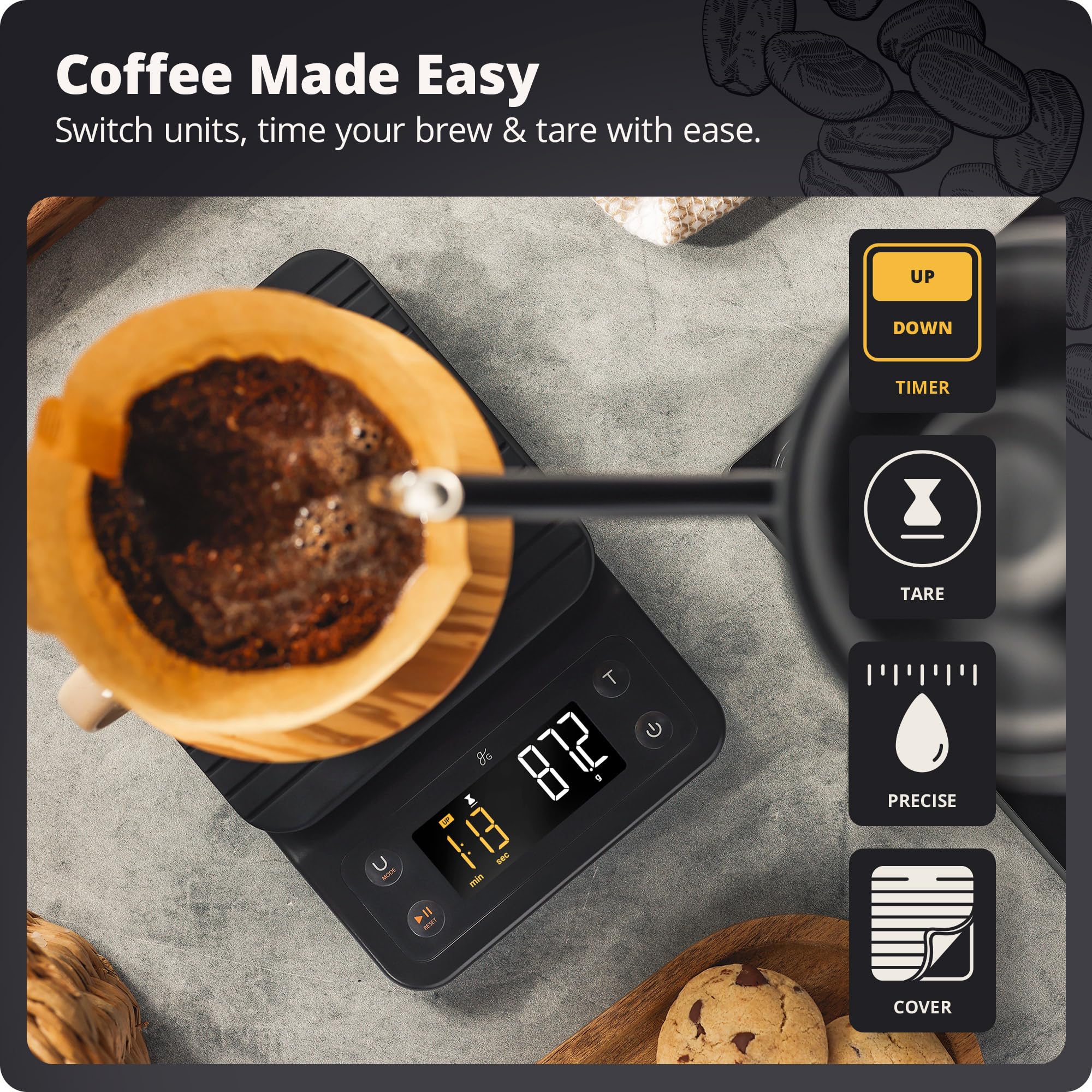 Greater Goods 0.1g Precision Digital Coffee Scale with Timer - 3kg Capacity for Pour Over, Espresso, French Press & Kitchen Baking | Perfect for Home Baristas & Coffee Enthusiasts (Onyx Black)