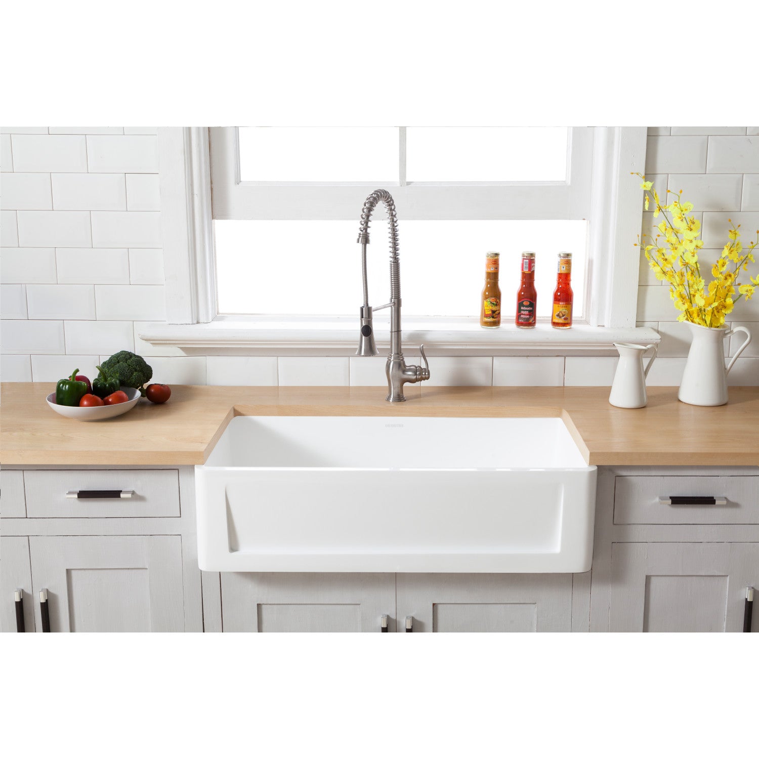 Arcticstone 36 Inch White Farmhouse Kitchen Sink - Solid Surface Apron Front Single Bowl with Strainer, Matte Finish - Perfect for Modern Farmhouse & Rustic Kitchen Designs