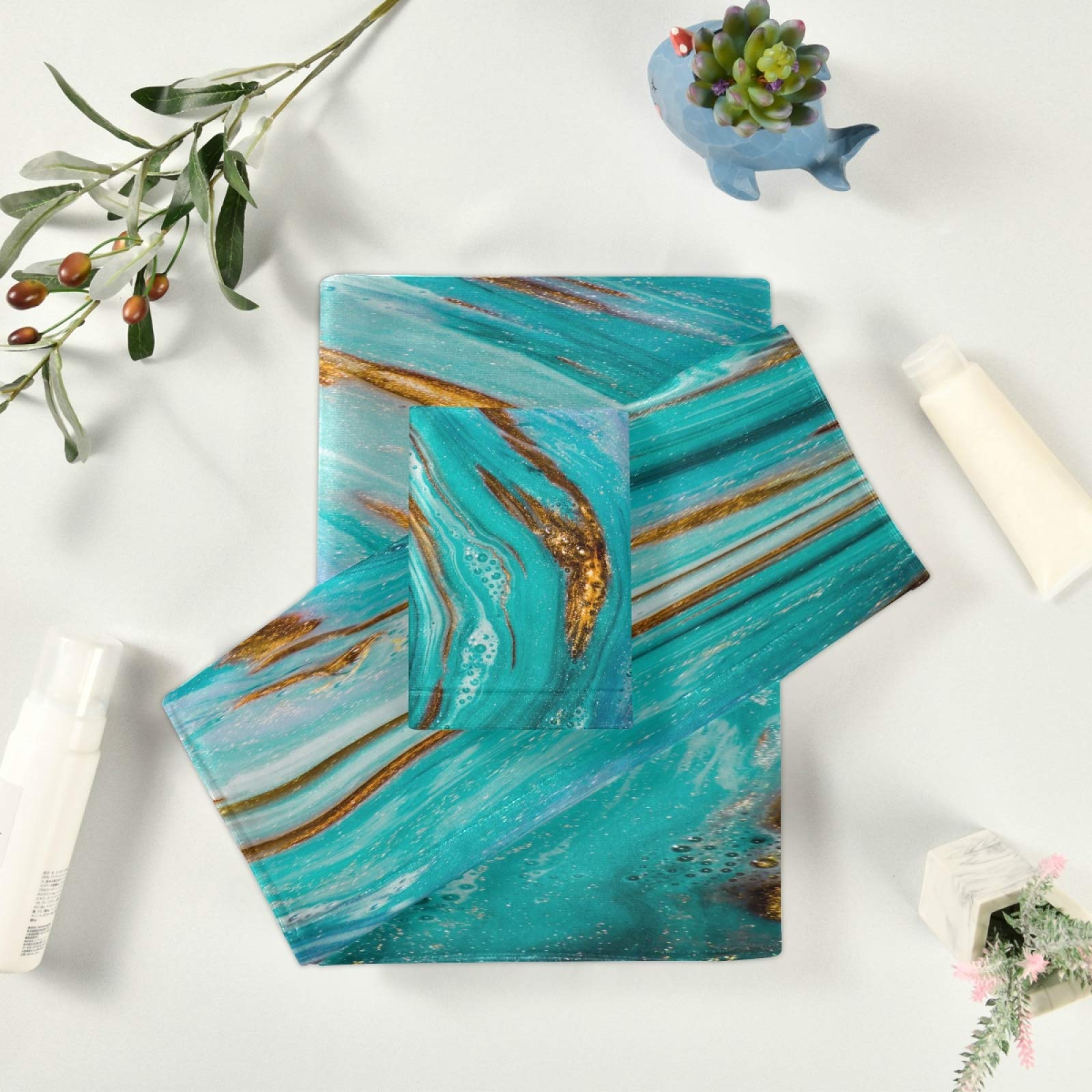 Teal Turquoise Marble Bath Towel Set - 3 Piece Gold Blue Marble Stone Hand Towels & Washcloth - Soft, Thin & Durable for Home, Bathroom, Hotel, Gym, Swim & Spa Decor - Perfect for Luxury Bathing, Guest Towels & Spa Day Essentials