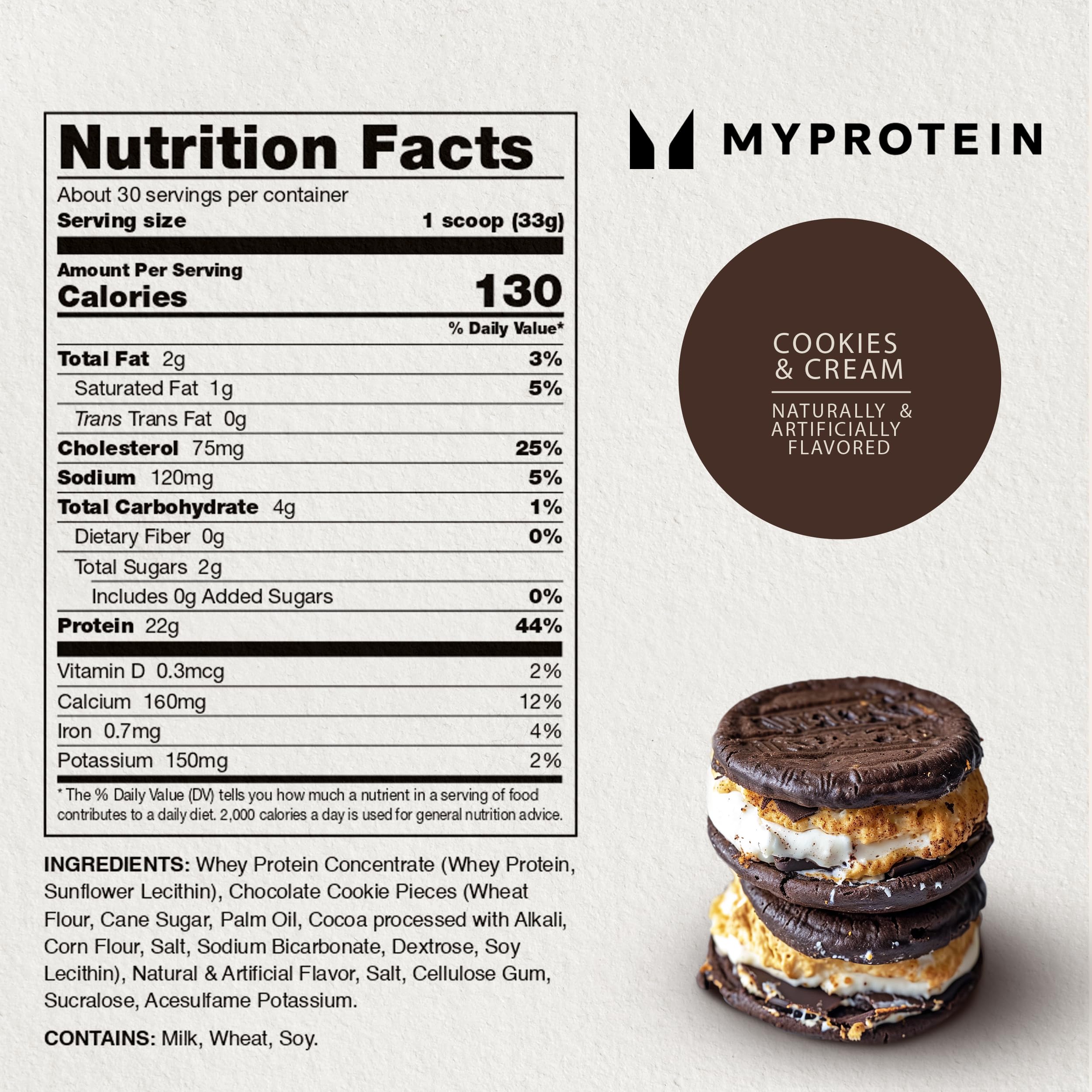 Myprotein Impact Whey Protein Powder 2.2 Lbs (32 Servings) - Cookies & Cream Flavor, 22g Protein & 5g BCAA Per Serving - Premium Protein Supplement for Muscle Recovery, Workout & Fitness Enthusiasts - Ideal for Post-Workout Shakes, Smoothies & Healthy Snacks