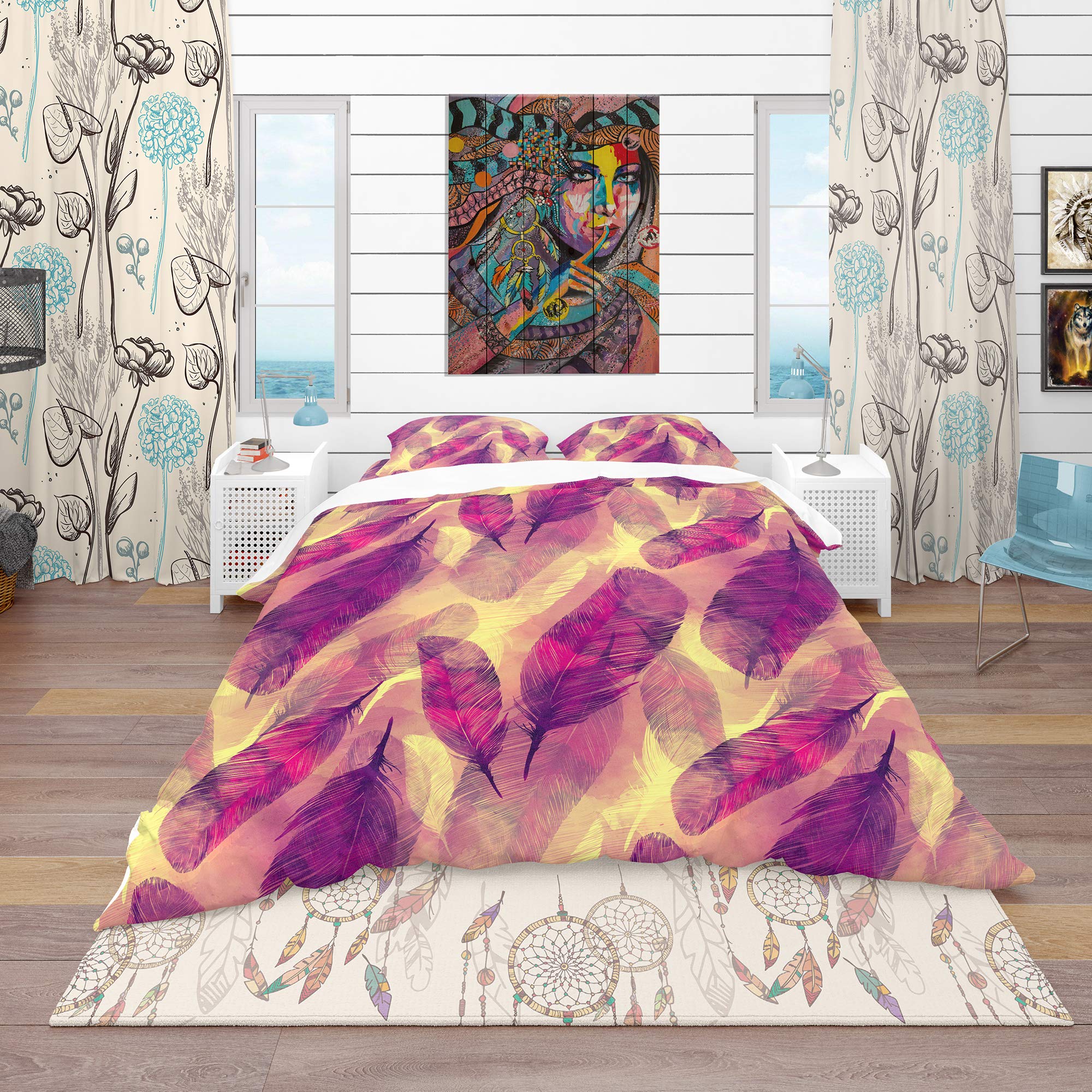 DesignQ Feathers Boho Pattern Modern & Contemporary Duvet Cover Set - King Size 3-Piece Bedding in Purple | All-Season Luxury Bedding for Bohemian & Modern Bedrooms